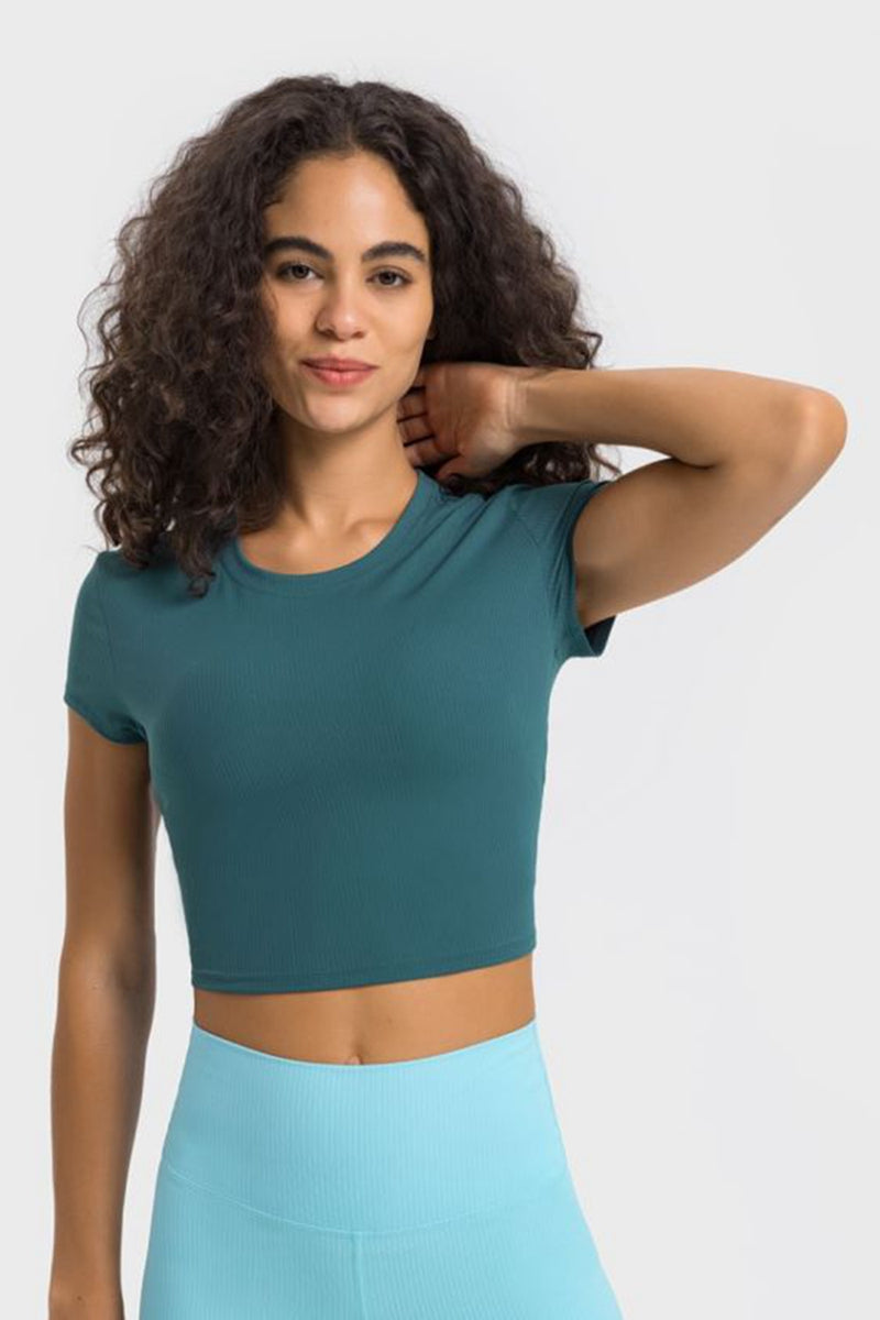 Stay Active in Style with the Round Neck Short Sleeve Cropped Sports T-Shirt at Burkesgarb