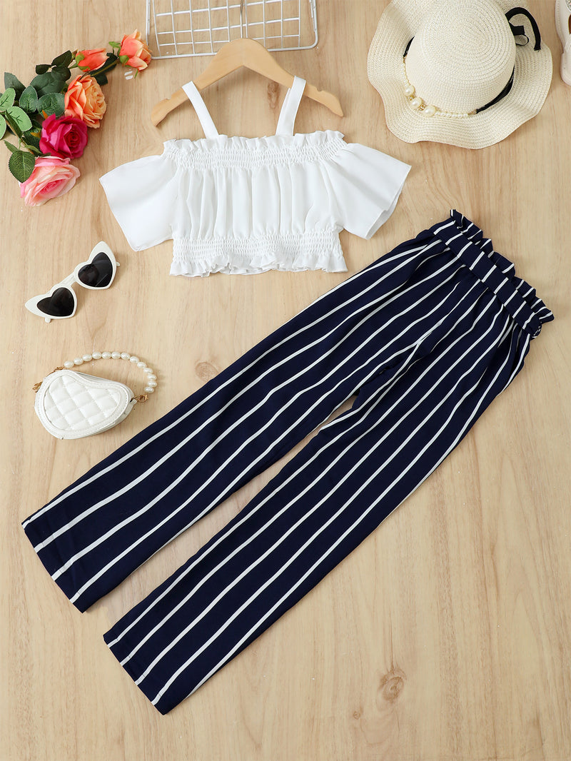 "Chic and Trendy: Trim Cropped Top and Striped Pants Set by Burkesgarb | Stylish Coordinated Outfit for Fashionable Women"