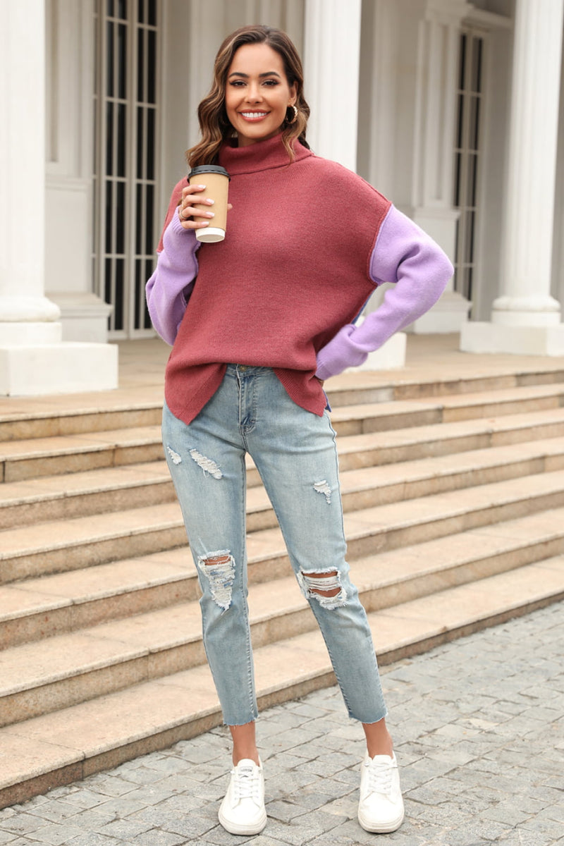 Stay Warm and Stylish with the Turtleneck Slit Sweater at Burkesgarb