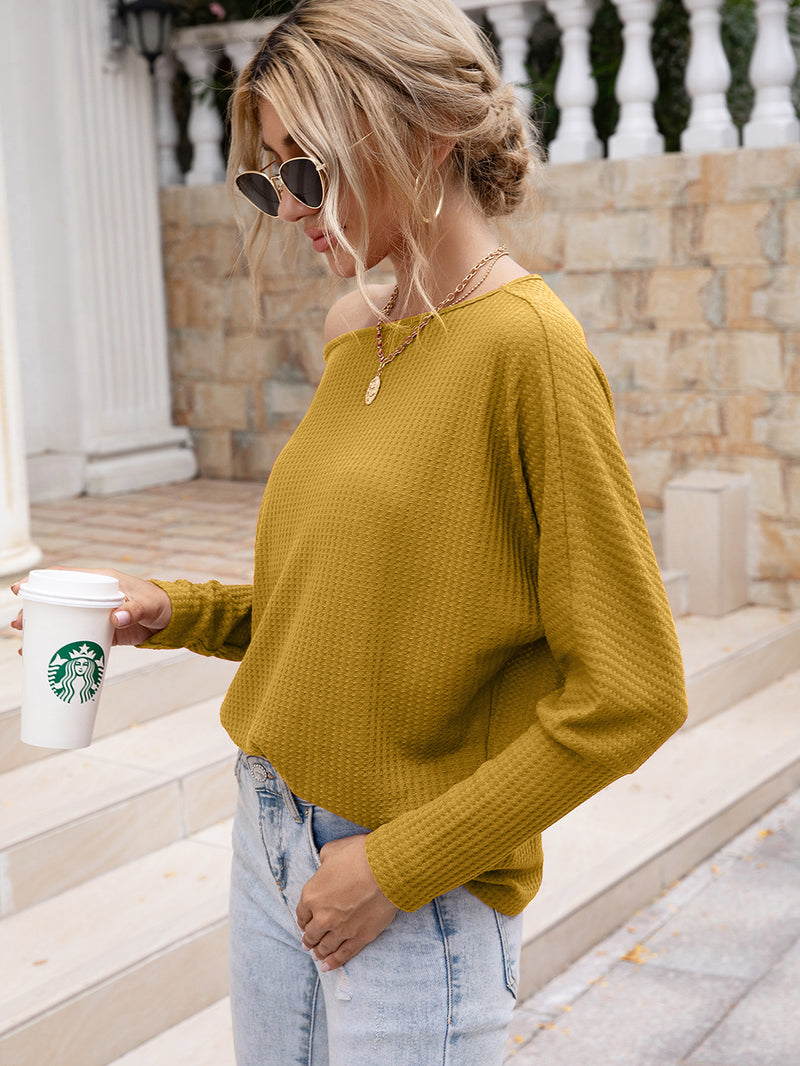 Stay Cozy and Chic with the Waffle-Knit Boat Neck Long Sleeve Top at Burkesgarb