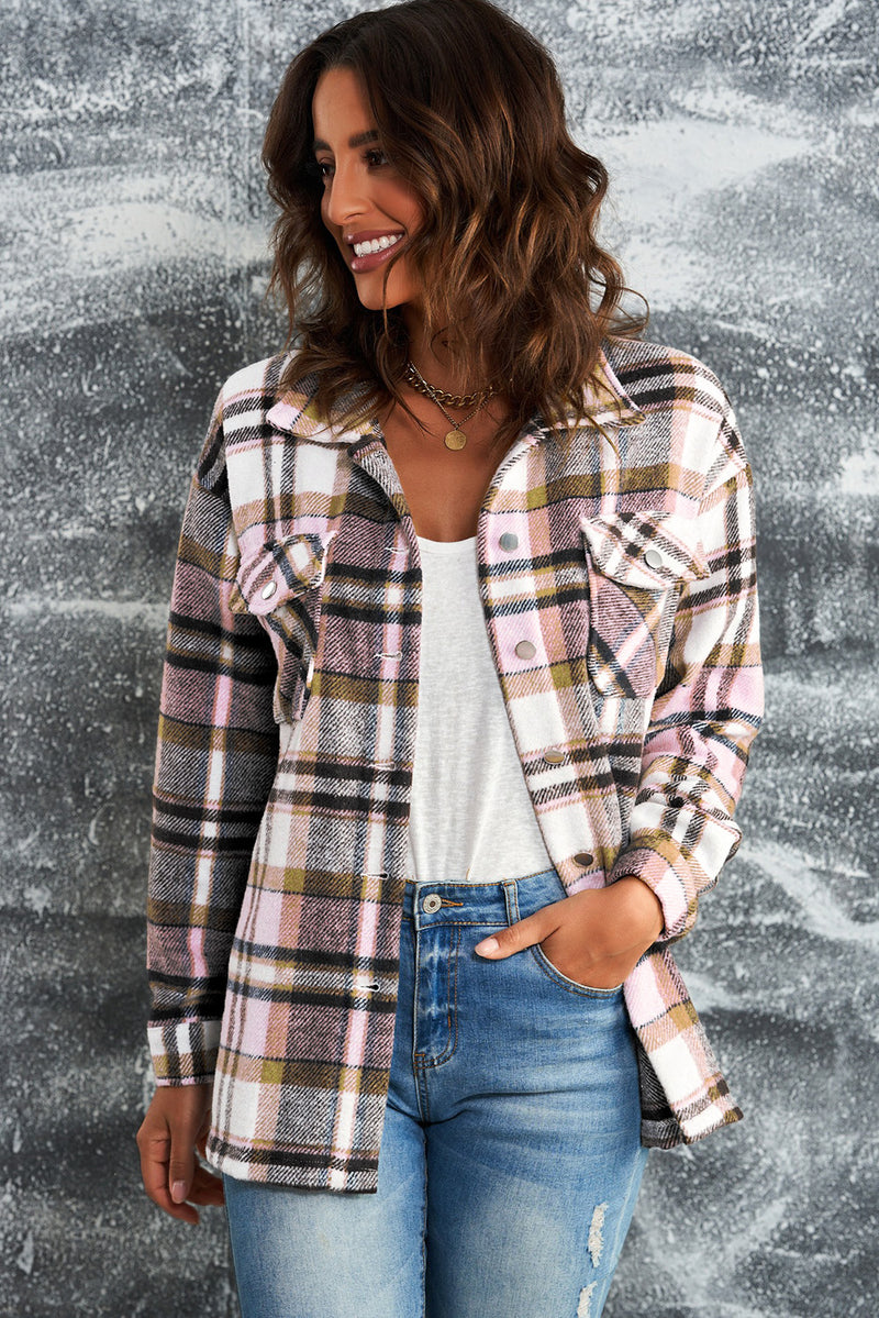 Double Take Plaid Button Front Shirt Jacket at Burkesgarb - Embrace Cozy and Chic Style