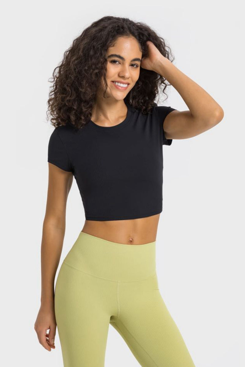 Stay Active in Style with the Round Neck Short Sleeve Cropped Sports T-Shirt at Burkesgarb