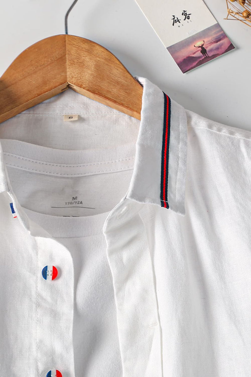 "Classic and Breathable: Buttoned Collared Neck Short Sleeve Linen Shirts by Burkesgarb"