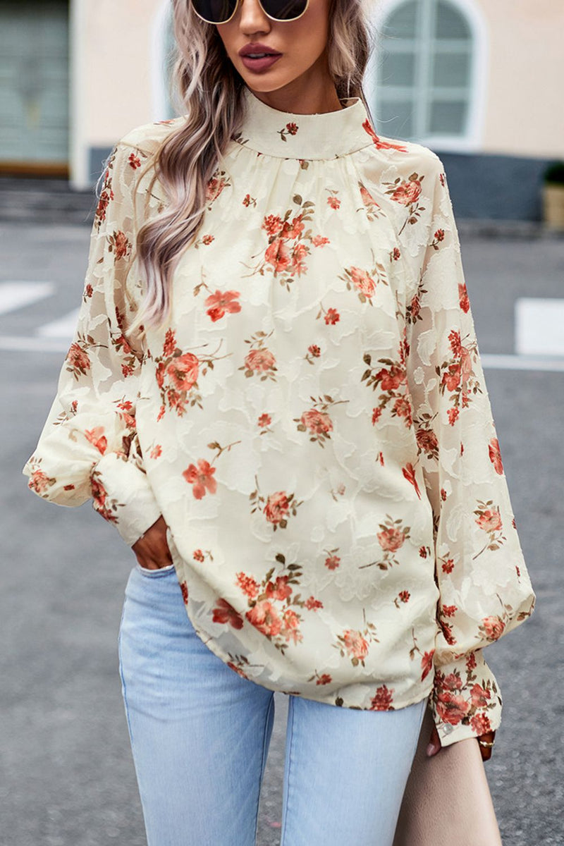 Charming and Chic: Floral Design Lantern Sleeve Blouse at Burkesgarb