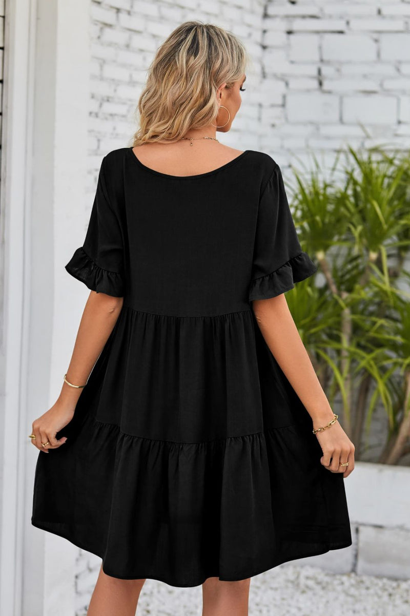 Flirty and Feminine: V-Neck Flounce Sleeve Tiered Dress at Burkesgarb