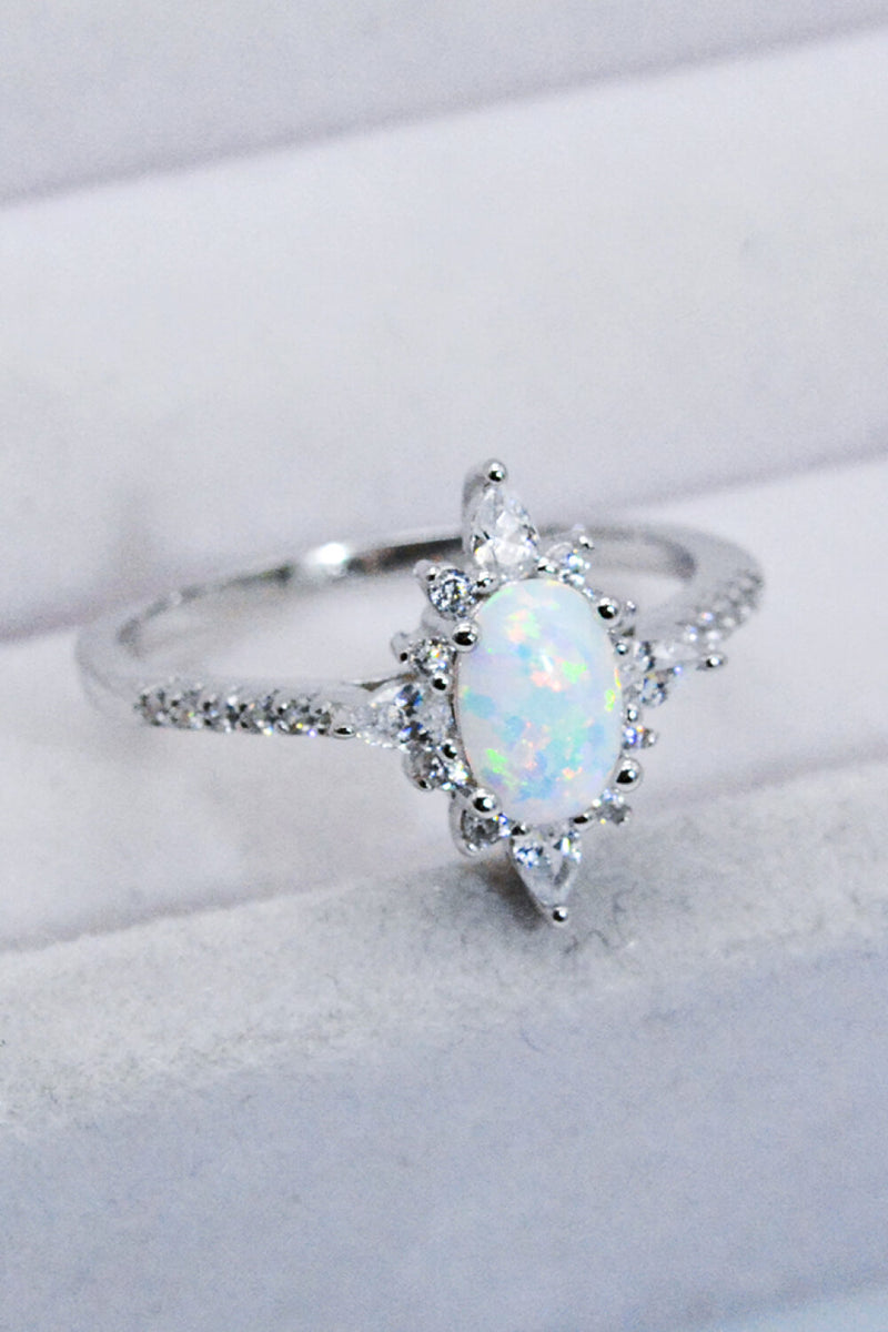 Radiant Beauty: Platinum-Plated Opal and Zircon Ring at Burkesgarb