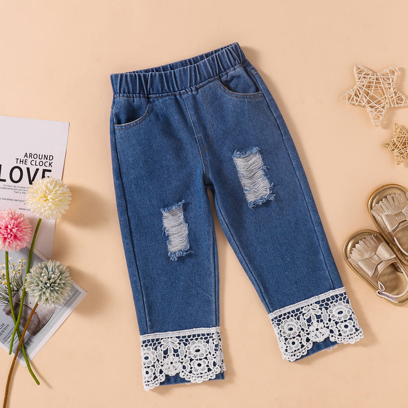 Charming and Stylish: Girls Floral Top and Lace Trim Distressed Jeans Set | Burkesgarb