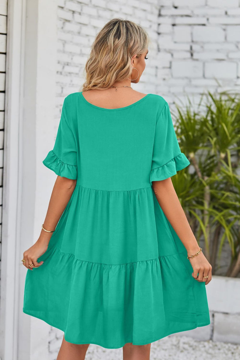 Flirty and Feminine: V-Neck Flounce Sleeve Tiered Dress at Burkesgarb