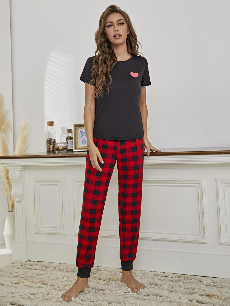 Heart Graphic Tee and Plaid Joggers Lounge Set: Comfort and Style Combined