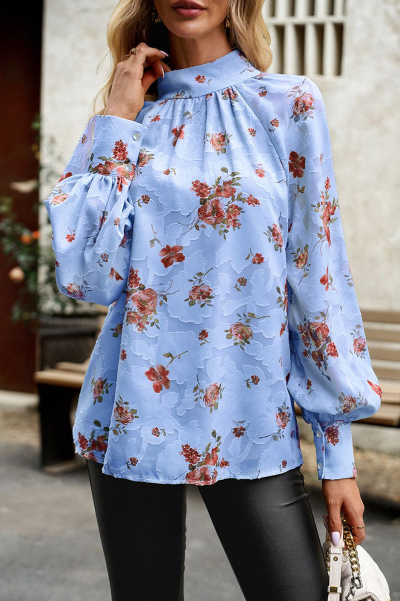 Charming and Chic: Floral Design Lantern Sleeve Blouse at Burkesgarb