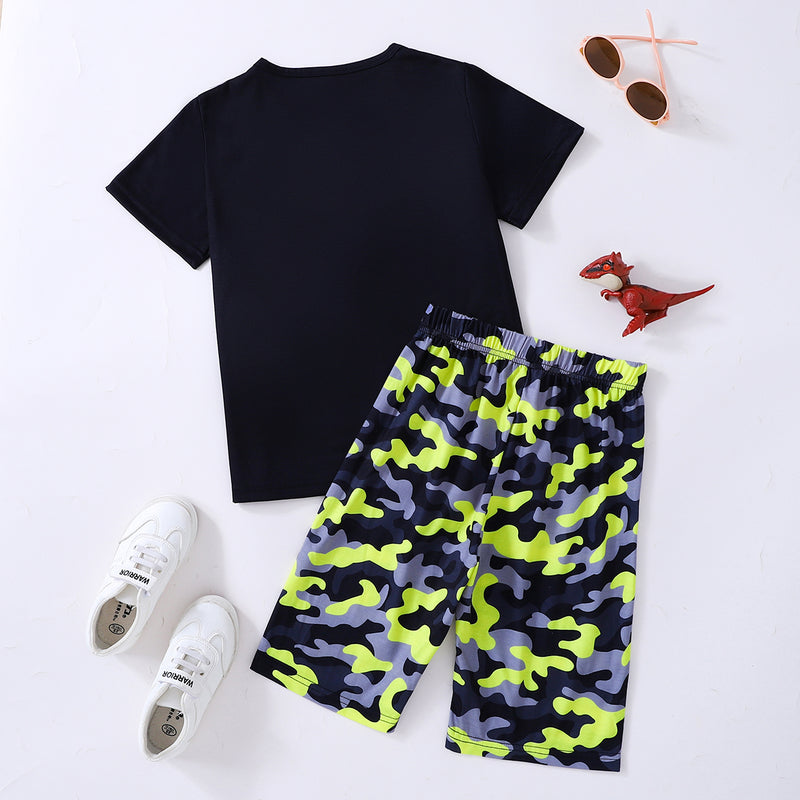 "Boys Dinosaur Graphic Tee and Camouflage Shorts Set | Trendy and Fun Outfit"