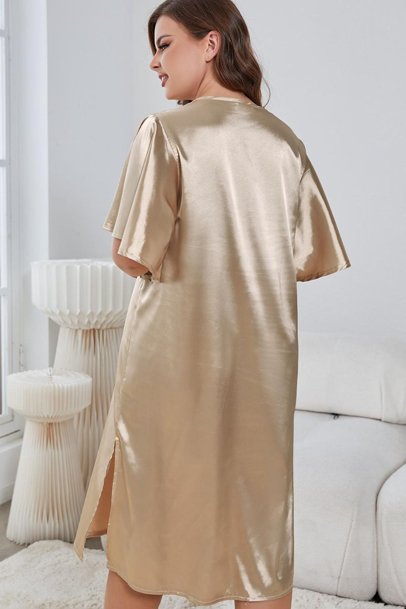 Elegance and Comfort Combined: Plus Size Flutter Sleeve V-Neck Side Night Gown at Burkesgarb