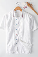 "Classic and Breathable: Buttoned Collared Neck Short Sleeve Linen Shirts by Burkesgarb"