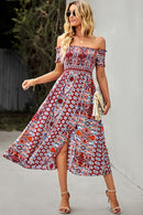 "Make a Statement with our Off-Shoulder Frill Trim Split Dress"