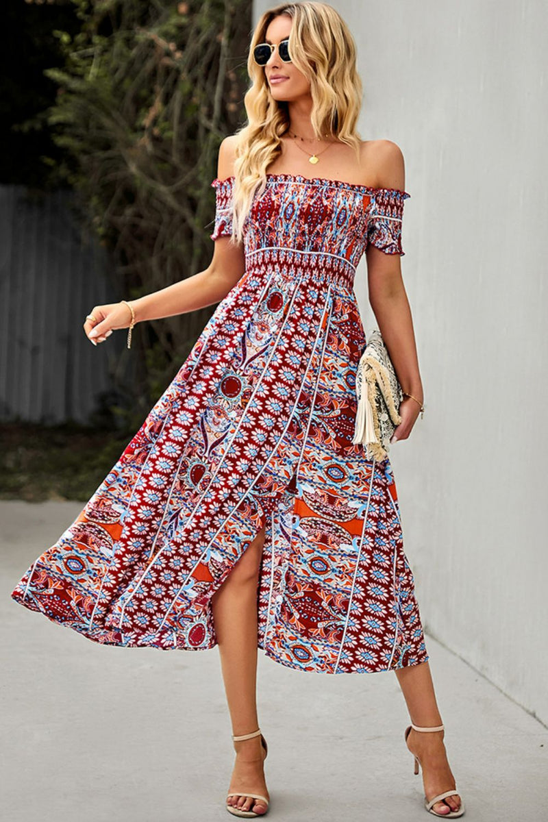 "Make a Statement with our Off-Shoulder Frill Trim Split Dress"