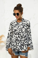 Embrace Elegance with the Flare Sleeve Tie Neck Ruffle Trim Blouse at Burkesgarb