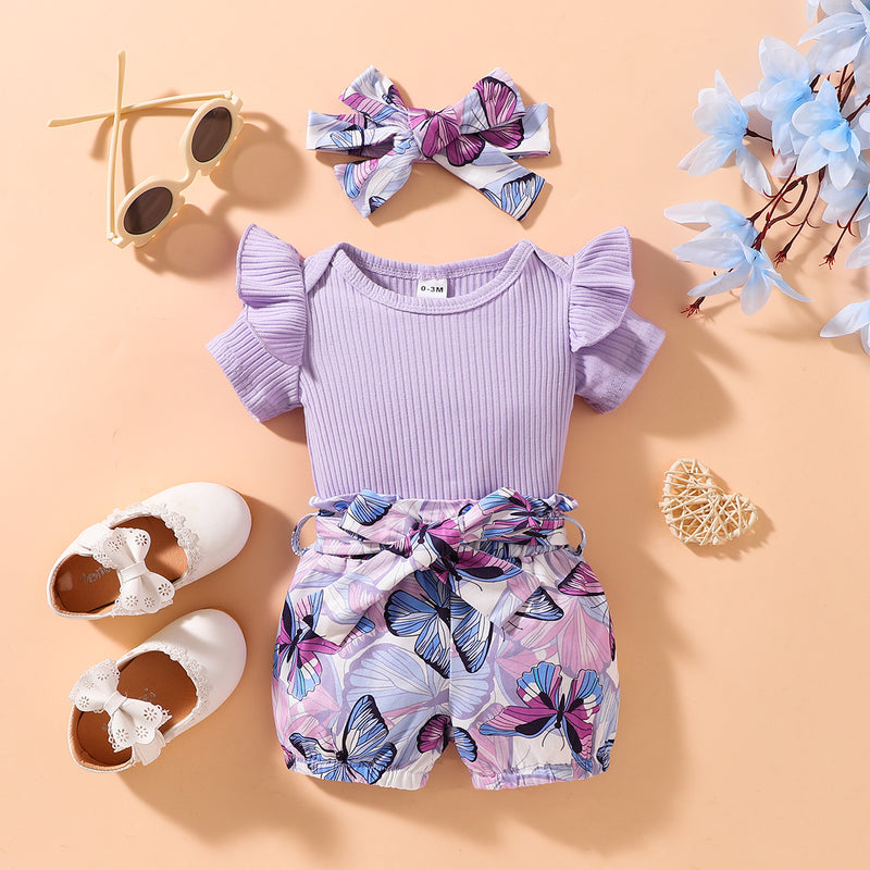 Adorable Elegance: Ribbed Ruffle Shoulder Babies Bodysuit and Butterfly Shorts Set at Burkesgarb