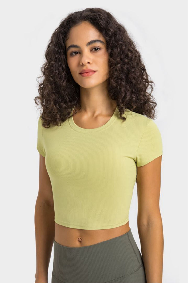 Stay Active in Style with the Round Neck Short Sleeve Cropped Sports T-Shirt at Burkesgarb