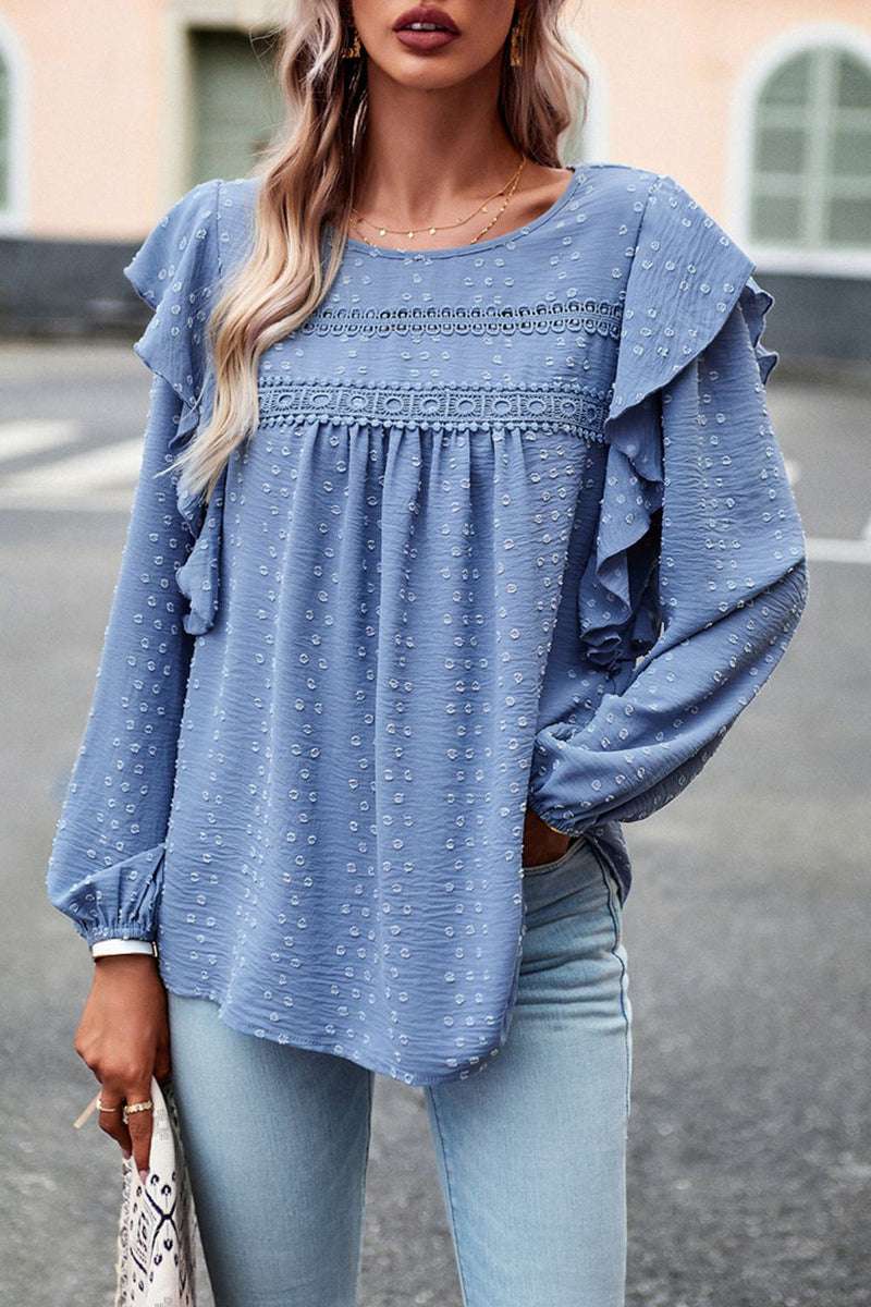 Chic and Playful: Ruffle Trim Balloon Sleeve Blouse at Burkesgarb