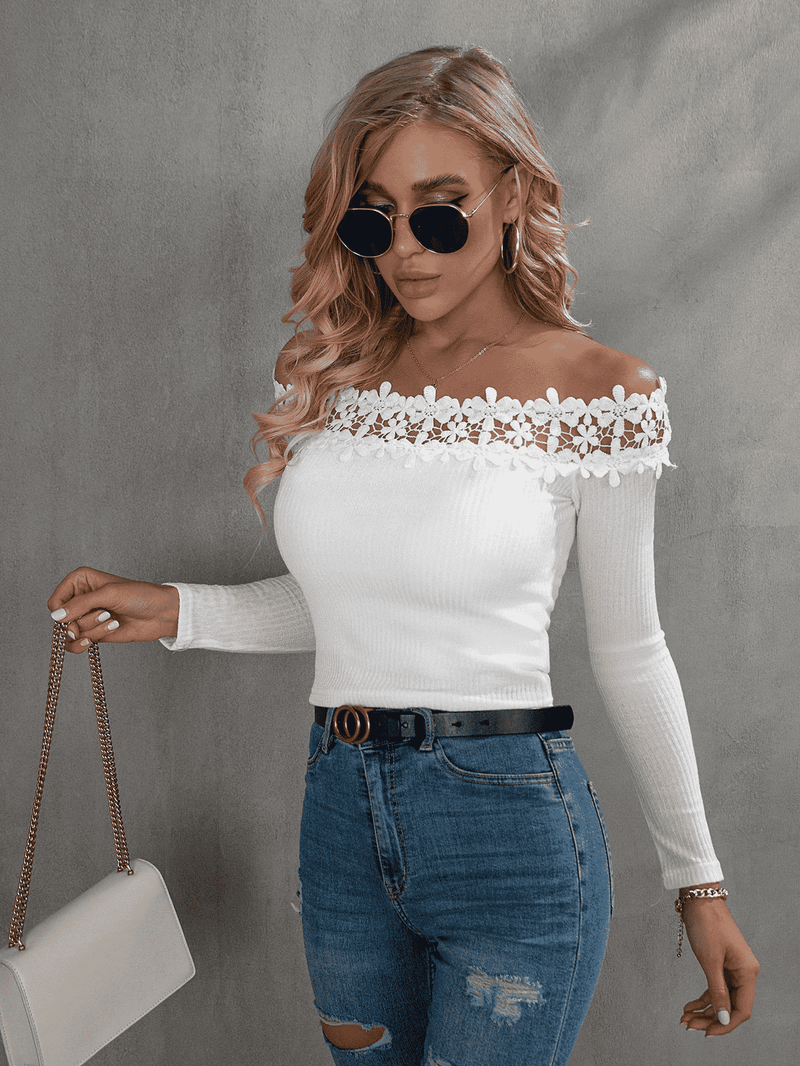 Chic and Alluring: Off-Shoulder Lace Trim Ribbed Tee at Burkesgarb