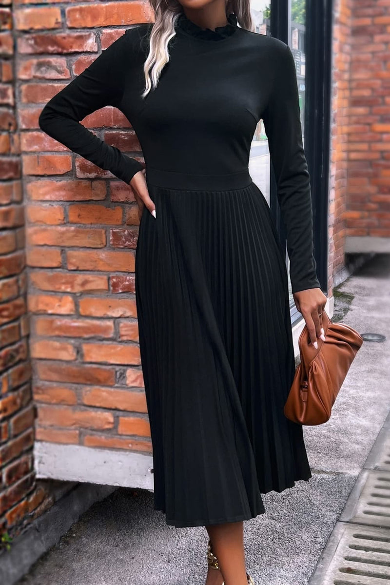 Embrace Elegance with the Ruffle Collar Pleated Long Sleeve Dress at Burkesgarb