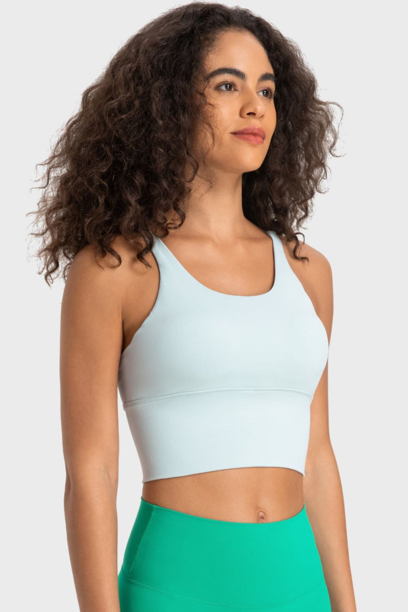 Stylish Support: Crisscross Back Ladder Detail Sports Bra at Burkesgarb