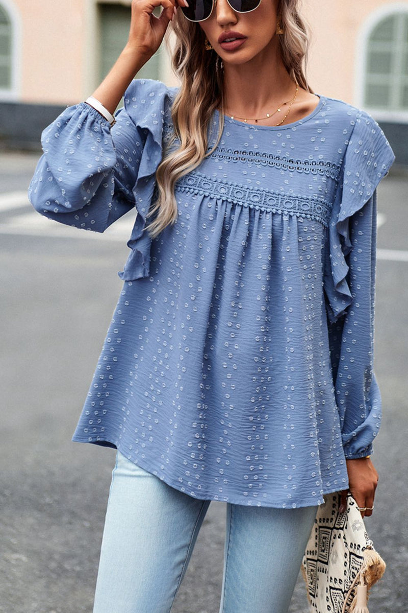 Chic and Playful: Ruffle Trim Balloon Sleeve Blouse at Burkesgarb