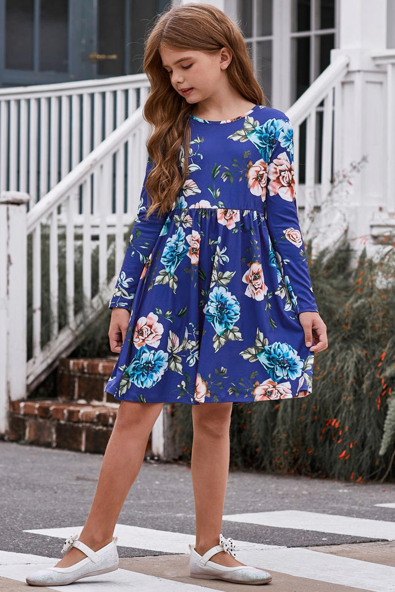 Blooming Elegance: Girls Floral Long Sleeve Dress with Pockets at Burkesgarb