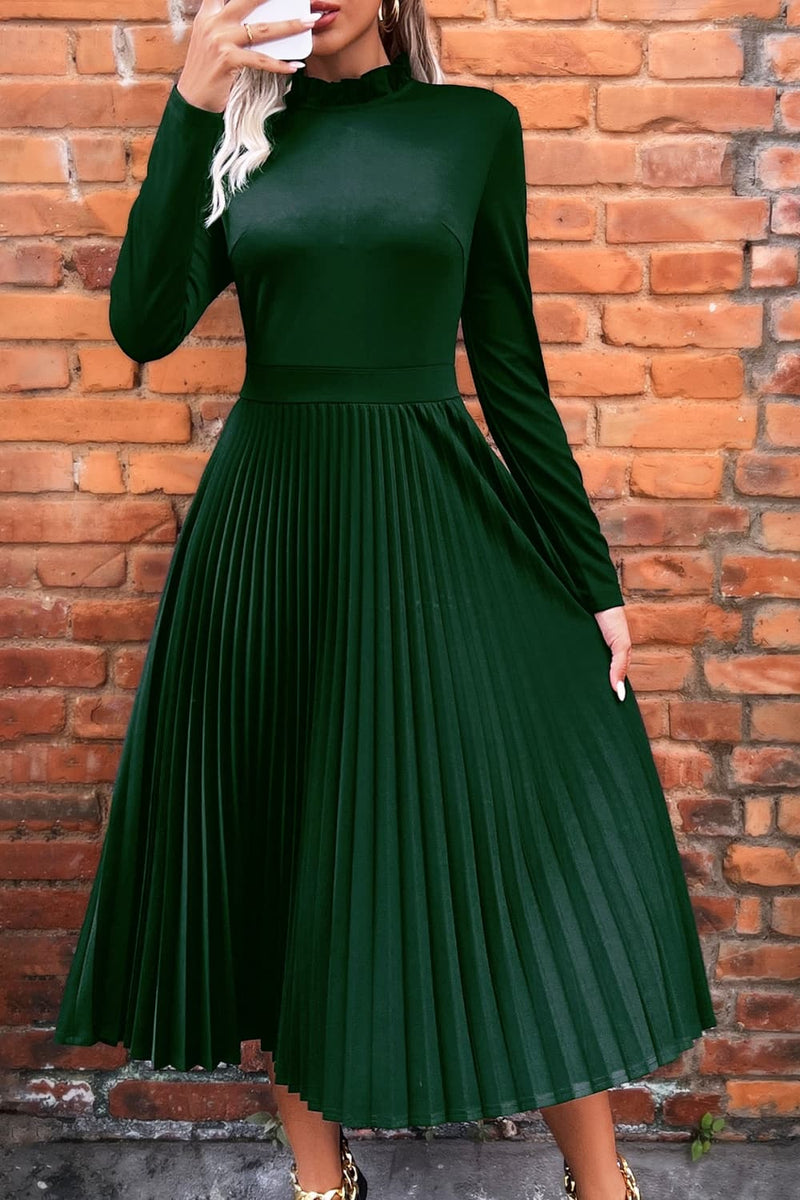 Embrace Elegance with the Ruffle Collar Pleated Long Sleeve Dress at Burkesgarb
