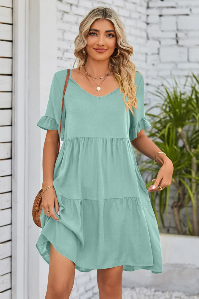 Flirty and Feminine: V-Neck Flounce Sleeve Tiered Dress at Burkesgarb