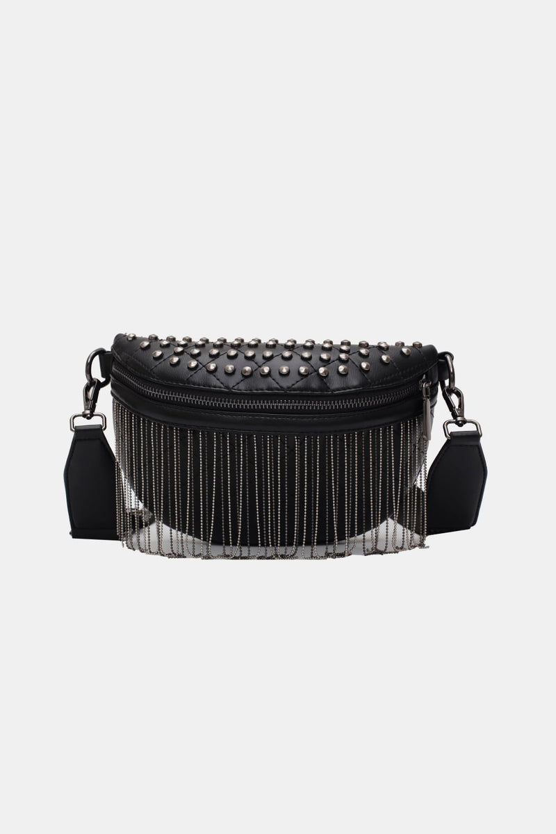 Embrace Boho Chic with the Leather Studded Sling Bag with Fringes at Burkesgarb