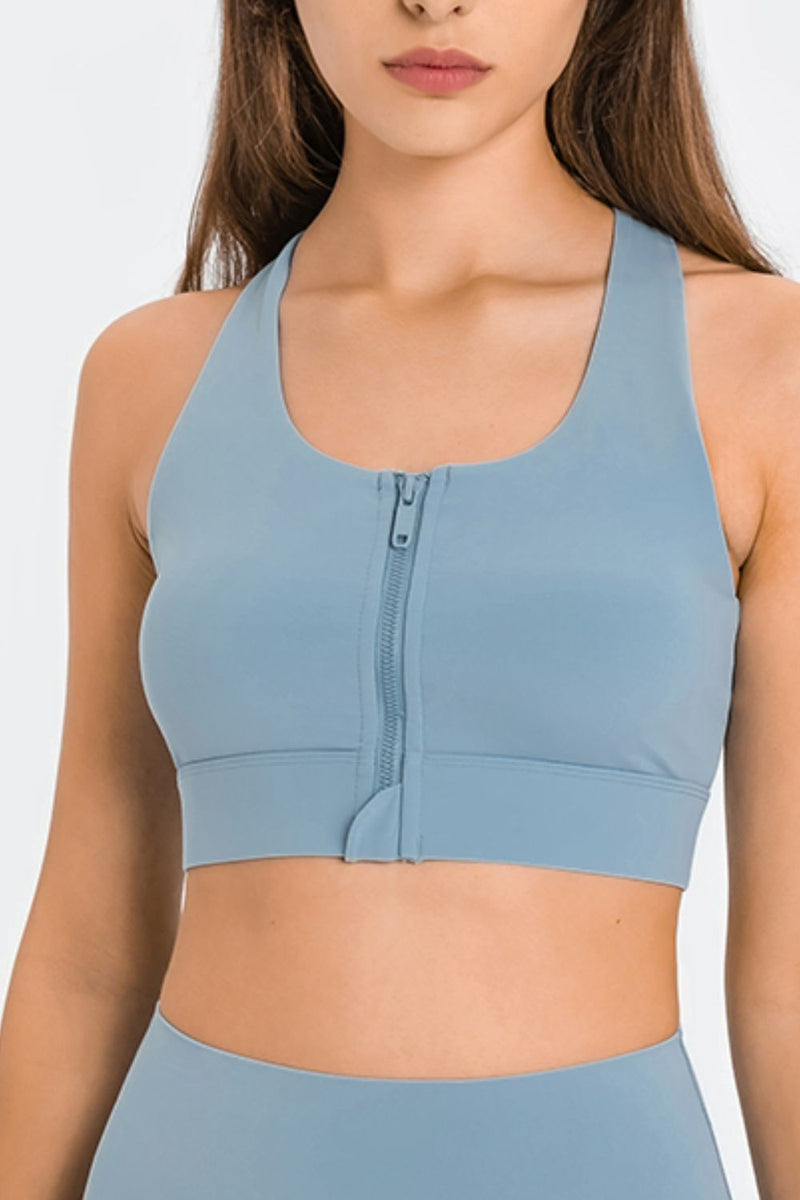 Experience Ultimate Support and Style with the Zip Up Racerback Sports Bra at Burkesgarb