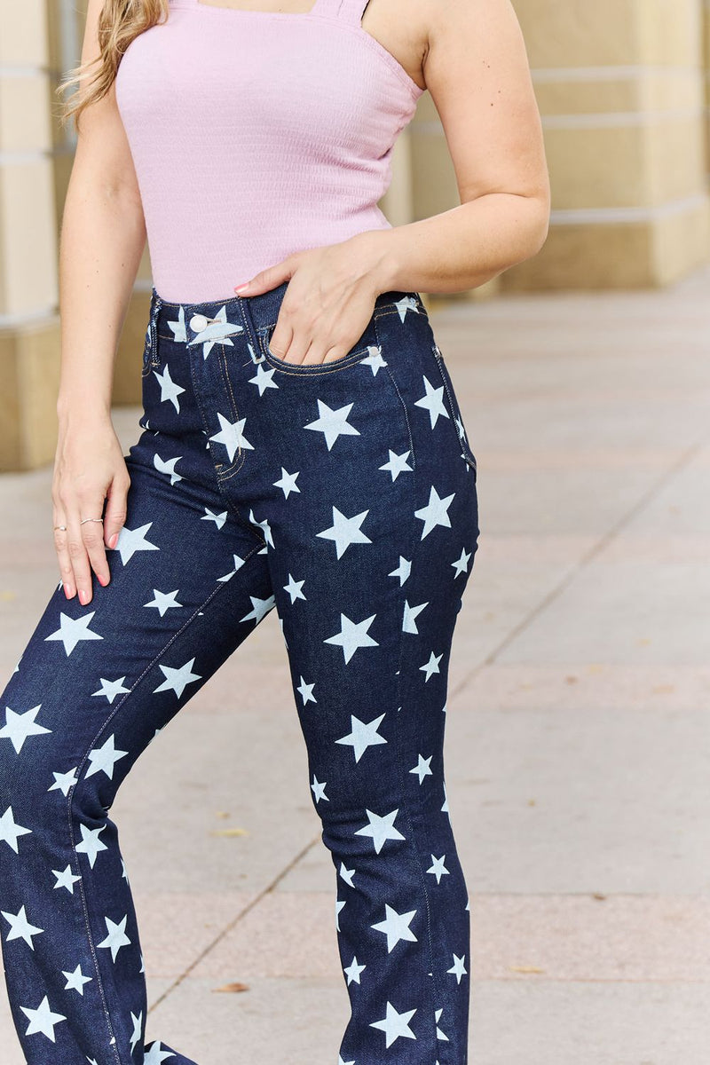 Starry Style: Full Size High Waist Star Flare Jeans at Burkesgarb