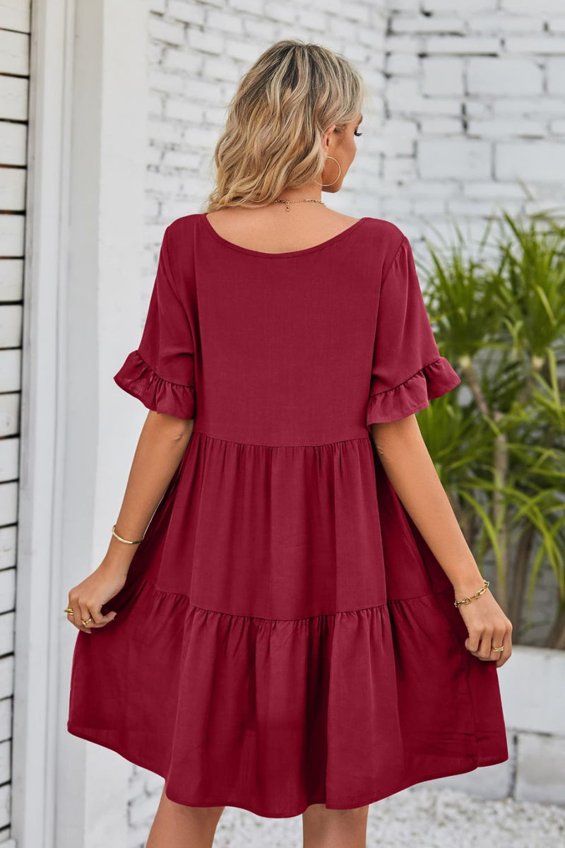 Flirty and Feminine: V-Neck Flounce Sleeve Tiered Dress at Burkesgarb