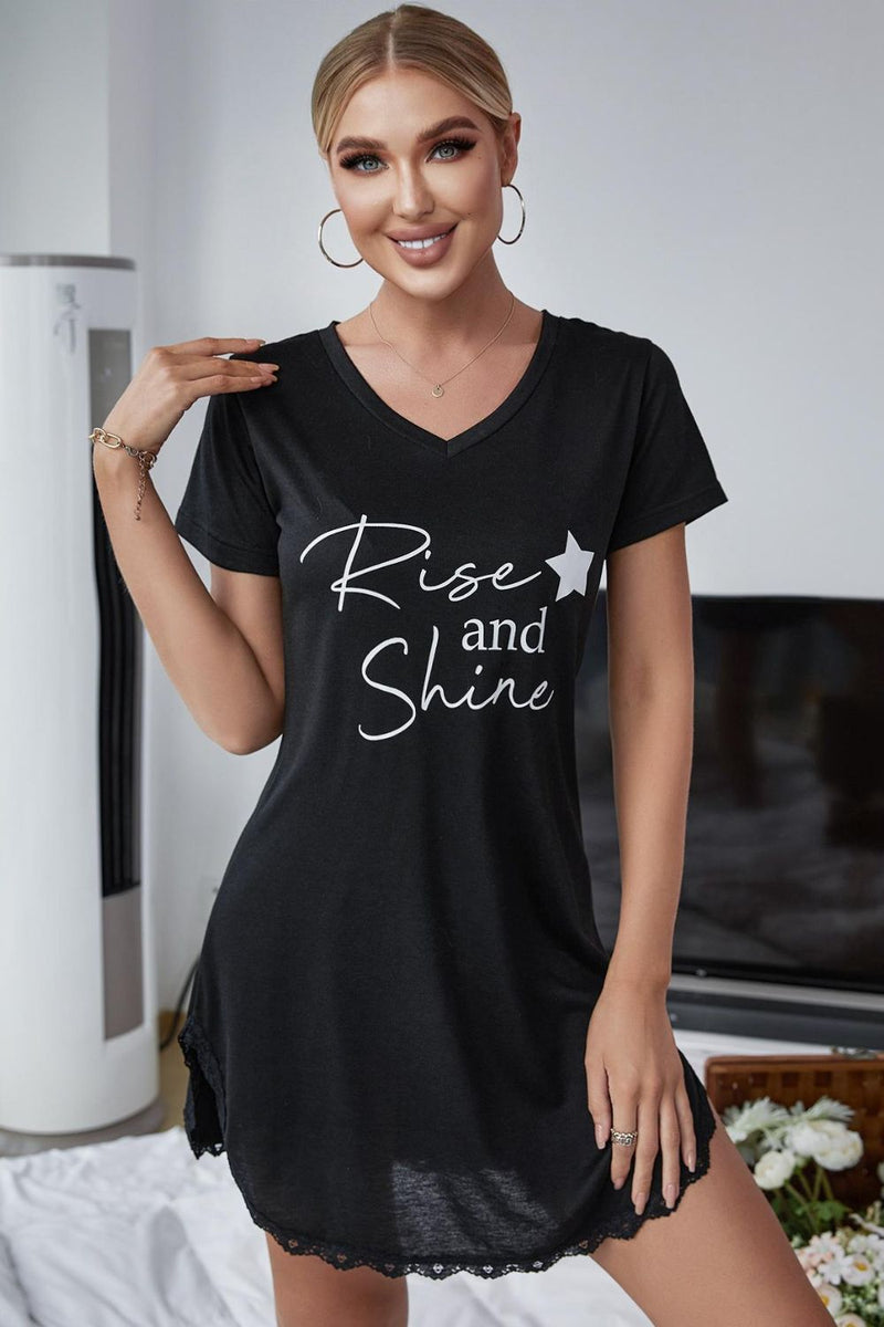 Start Your Day in Style with the RISE AND SHINE V-Neck T-Shirt Dress at Burkesgarb