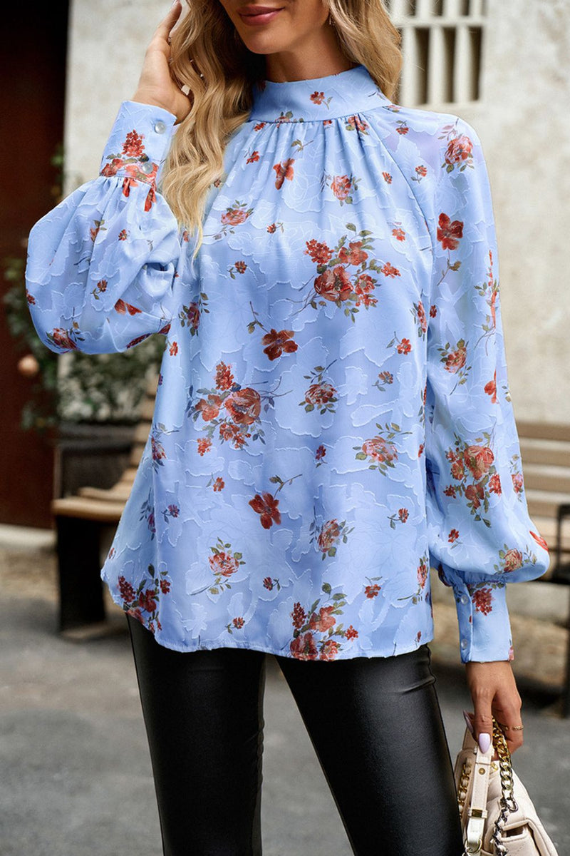 Charming and Chic: Floral Design Lantern Sleeve Blouse at Burkesgarb