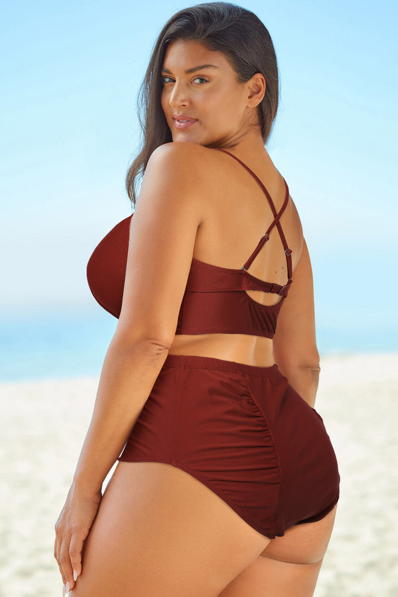 "Flattering and Trendy: Crisscross Ruched Two-Piece Swimsuit by Burkesgarb | Stylish and Comfortable Swimwear for Women"