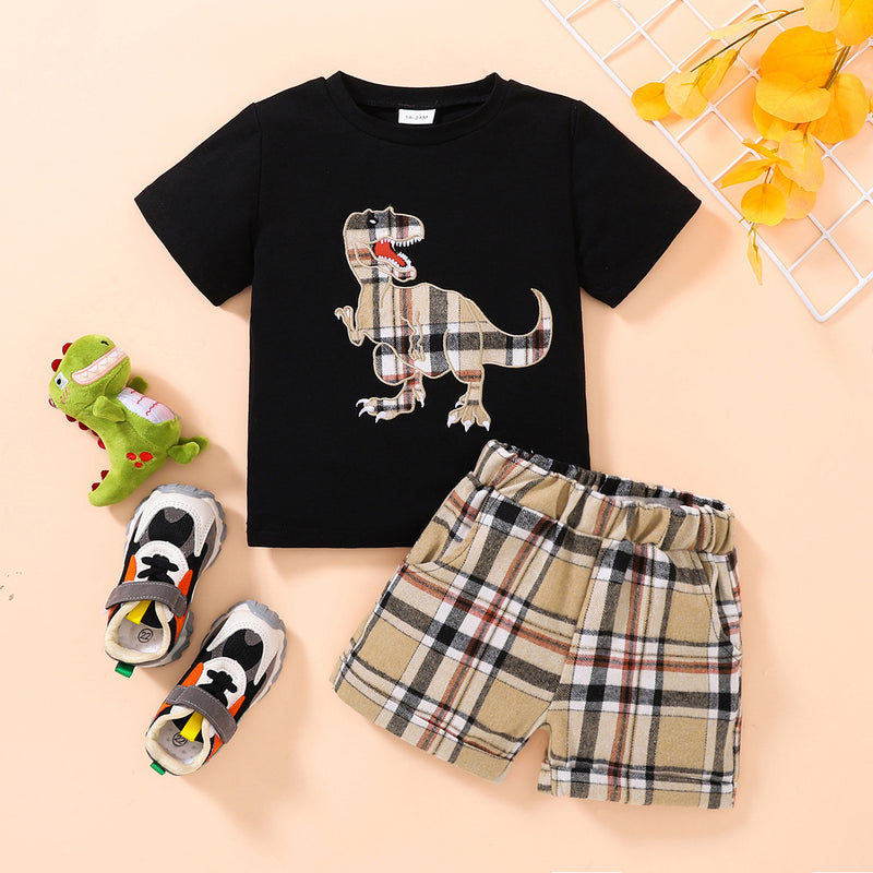 Roar into Style with our Kids Plaid Dinosaur Tee and Shorts Set