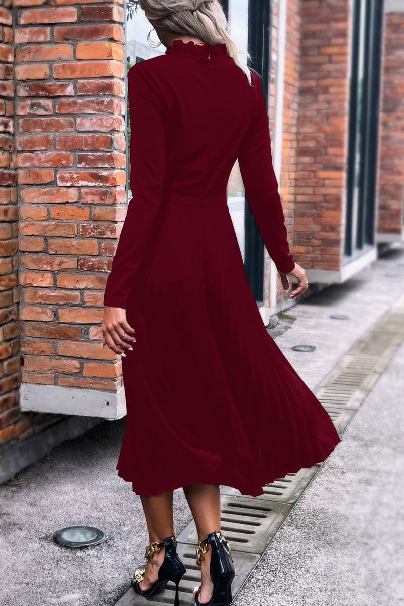 Embrace Elegance with the Ruffle Collar Pleated Long Sleeve Dress at Burkesgarb