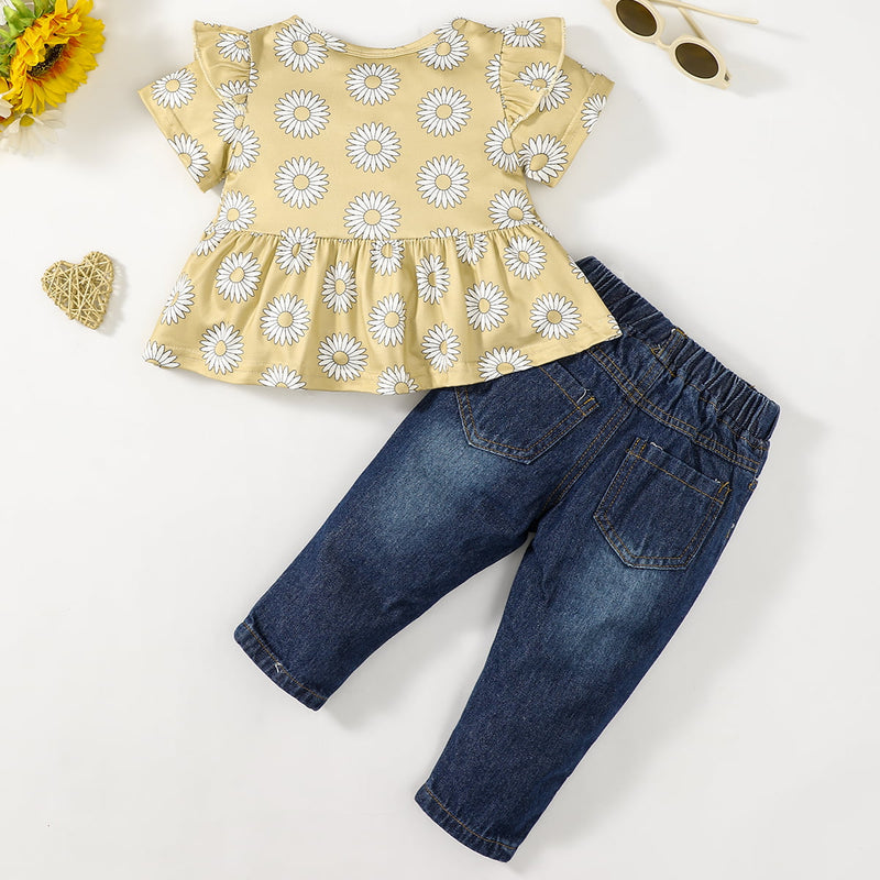 "Adorable and Stylish: Floral Ruffle Shoulder Babydoll Top and Jeans Set for Babies by Burkesgarb | Fashionable and Comfortable Baby Outfit"