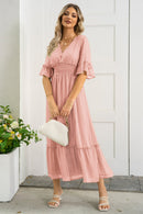 Elegance and Grace: V-Neck Flounce Sleeve Smocked Waist High Slit Dress at Burkesgarb