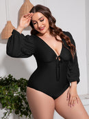 Flattering and Chic: Plus Size Tied Deep V Balloon Sleeve One-Piece Swimsuit | Burkesgarb
