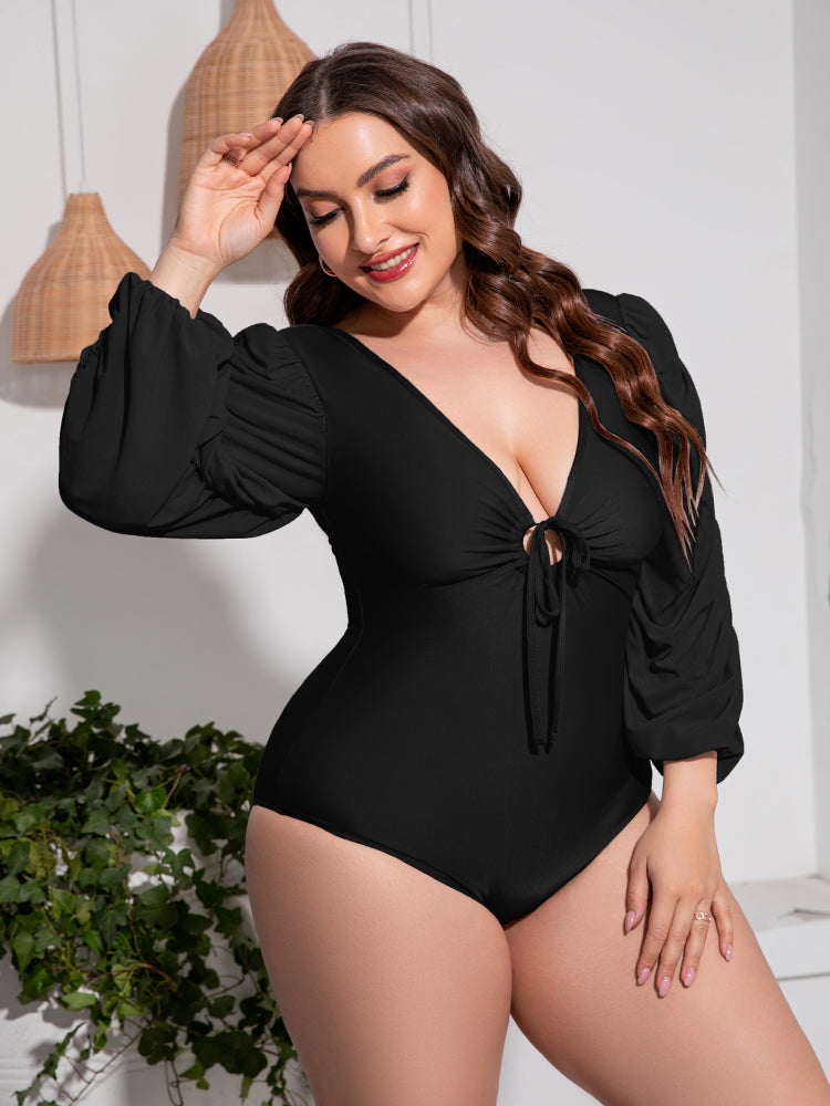 Flattering and Chic: Plus Size Tied Deep V Balloon Sleeve One-Piece Swimsuit | Burkesgarb