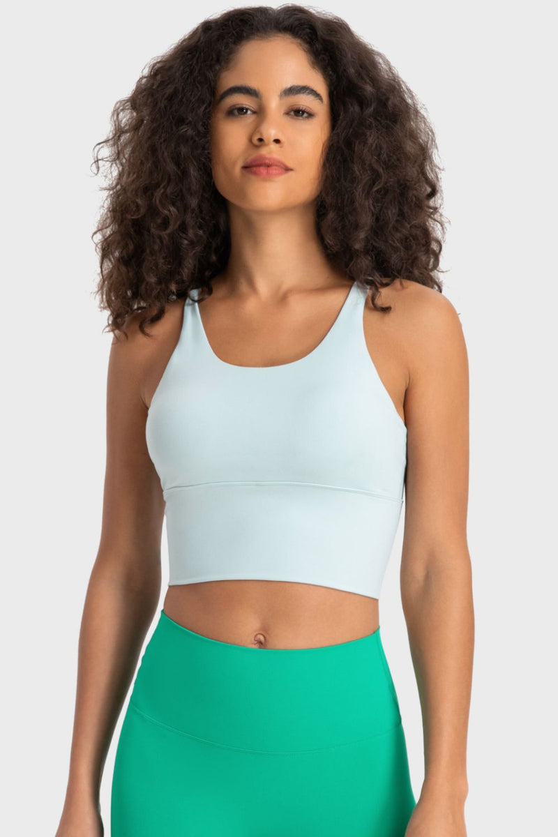 Stylish Support: Crisscross Back Ladder Detail Sports Bra at Burkesgarb