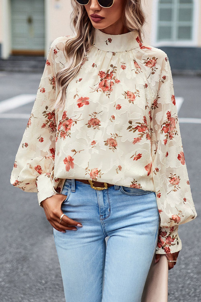 Charming and Chic: Floral Design Lantern Sleeve Blouse at Burkesgarb