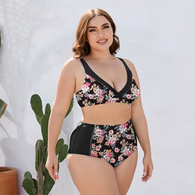 Floral Elegance: Plus Size Floral High Waist Two-Piece Swim Set | Burkesgarb