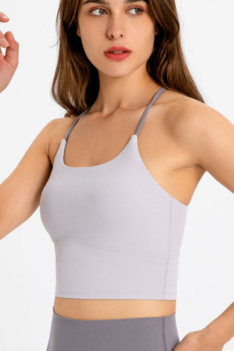 Achieve Athletic Elegance with the Crisscross Back Scoop Neck Sports Cami at Burkesgarb