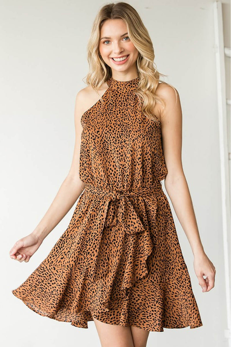 "Effortlessly Chic: Leopard Design Belted Sleeveless Dress by Burkesgarb | Stylish and Versatile Women's Outfit"