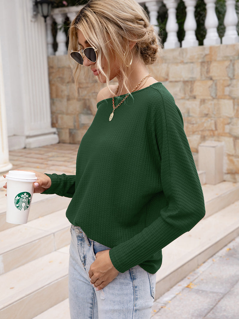 Stay Cozy and Chic with the Waffle-Knit Boat Neck Long Sleeve Top at Burkesgarb