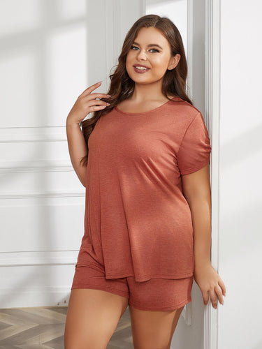 Stay Comfortable in Style with the Plus Size Round Neck Short Sleeve Two-Piece Loungewear Set at Burkesgarb